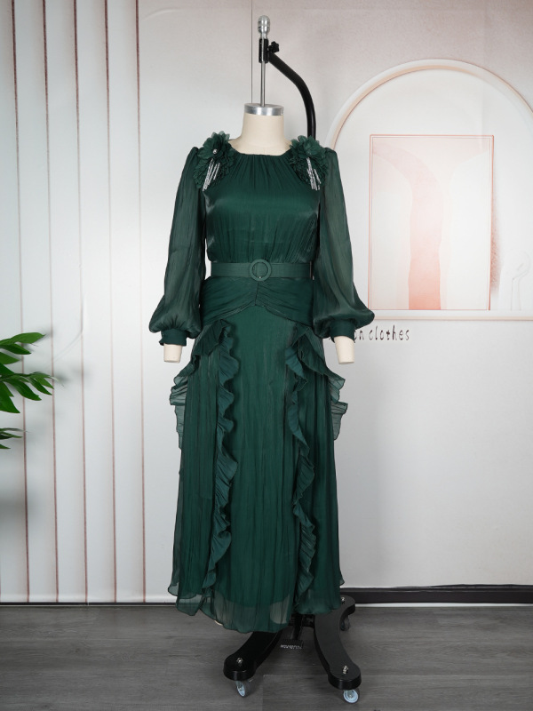 跨境欧美时尚气质花朵礼服非洲外贸速卖通大码女装压褶长袖连衣裙|undefined