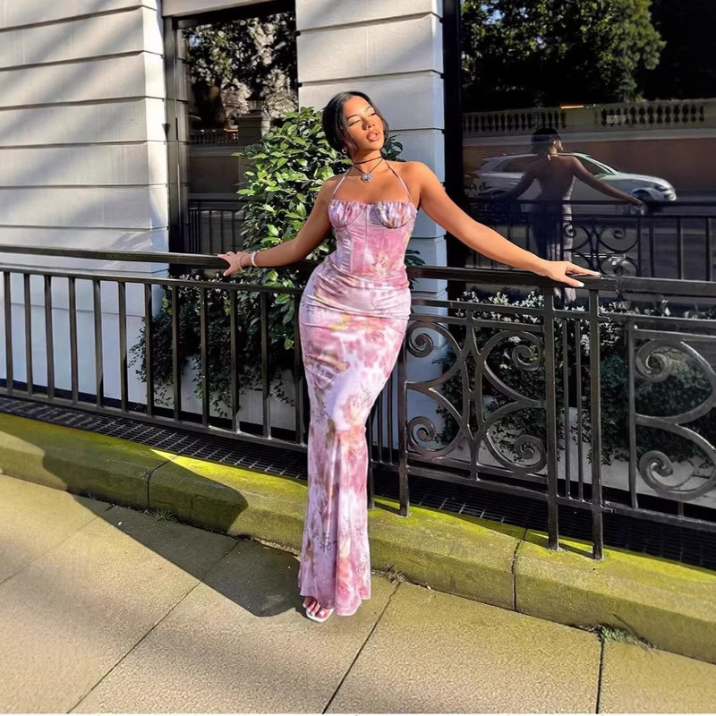 European and American 2026 Summer New Cross-Border Women's Fashion Printed Slim-Fit Backless Halter Dress with Tie-Up Straps