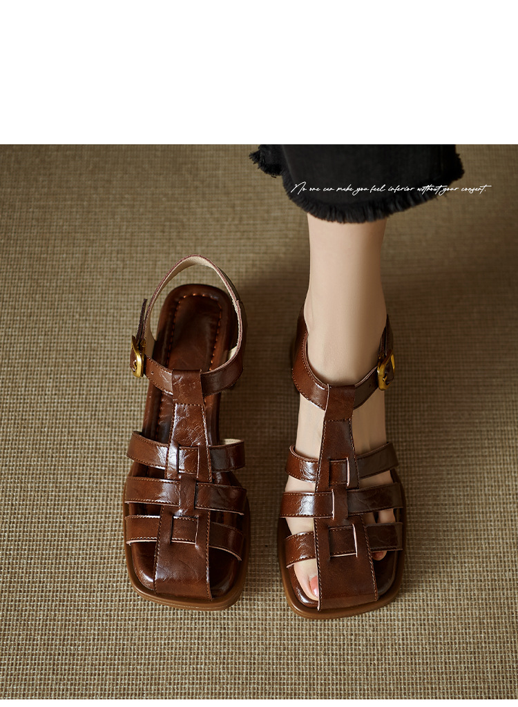 Sandal bít mũi nữ da thật kiểu Pháp cổ điển, gót trung dệt rỗng — Màu nâu, Màu đen, Màu trắng be chi tiết 13
