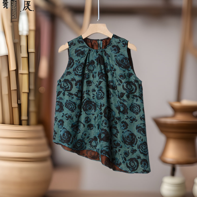 Silk Fragrant Cloud Yarn Asymmetric Design Rose Jacquard Vest Women's Summer New Mulberry Silk Shirt Top
