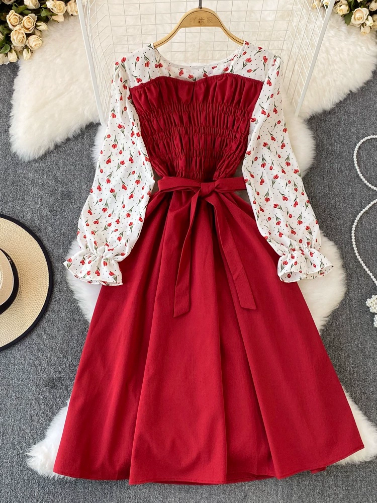 Весенняя и осенняя французская ретро Hепберн стиль длинный рукав с круглым вырезом