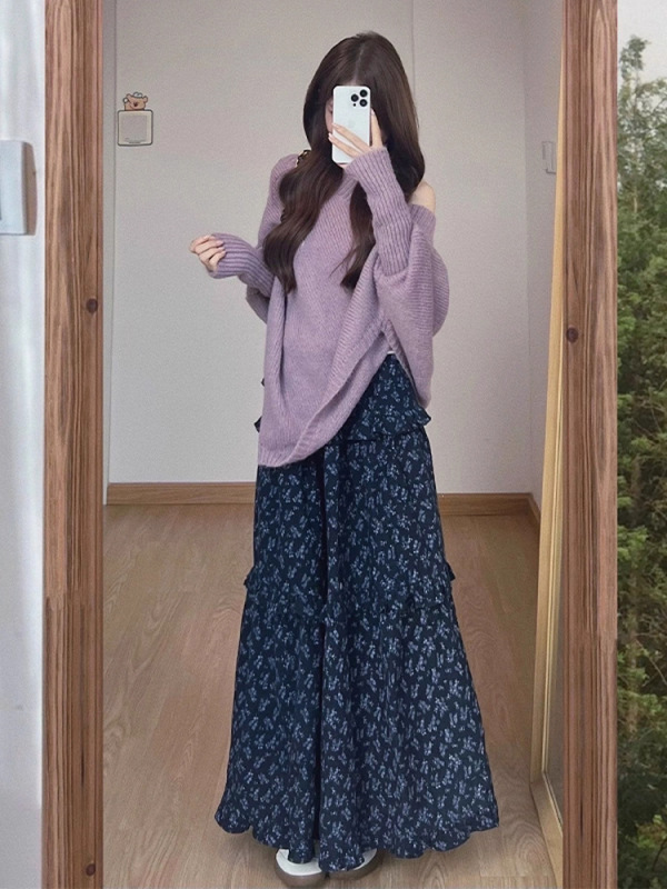 法式不规则紫色斜肩套头毛衣女2025早秋季新款宽松露肩针织衫上衣|undefined