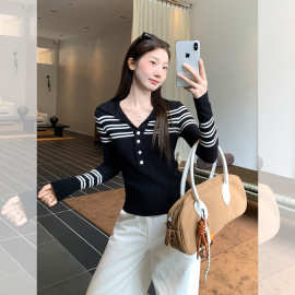 辣妹条纹拼接POLO领纽扣长袖针织衫女2026秋季修身内搭打底衫上衣