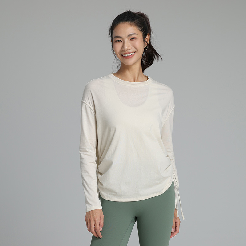 抽绳速干长袖瑜伽服普拉提t恤女透气显瘦跑步健身服宽松运动上衣|undefined