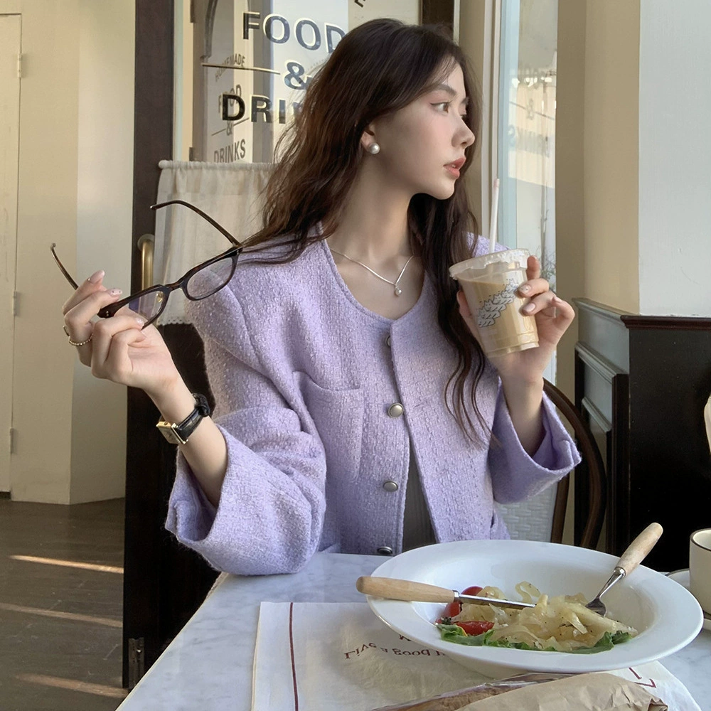 Элегантный однобортный блейзер из твида и шерсти лимонно-желтого цвета в стиле французского ретро от Dongdaemun, осень-зима.