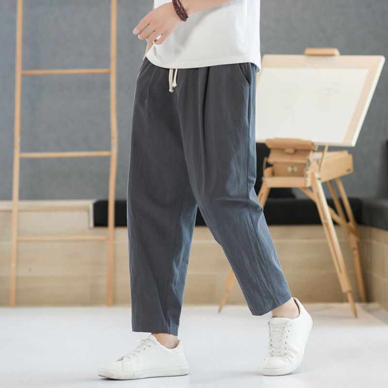 Pantalones, pantalones casuales para hombre, pantalones de lino finos de primavera y otoño, pantalones anchos sueltos rectos, pantalones deportivos de algodón y lino de verano