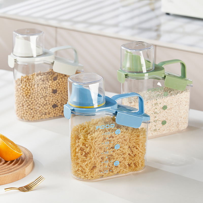 Japanese Style Handle Sealed Grain Container Kitchen Multi-Function Mixed Grain Barrel Transparent Measuring Cup Wooden Bucket Small Rice Storage Bucket