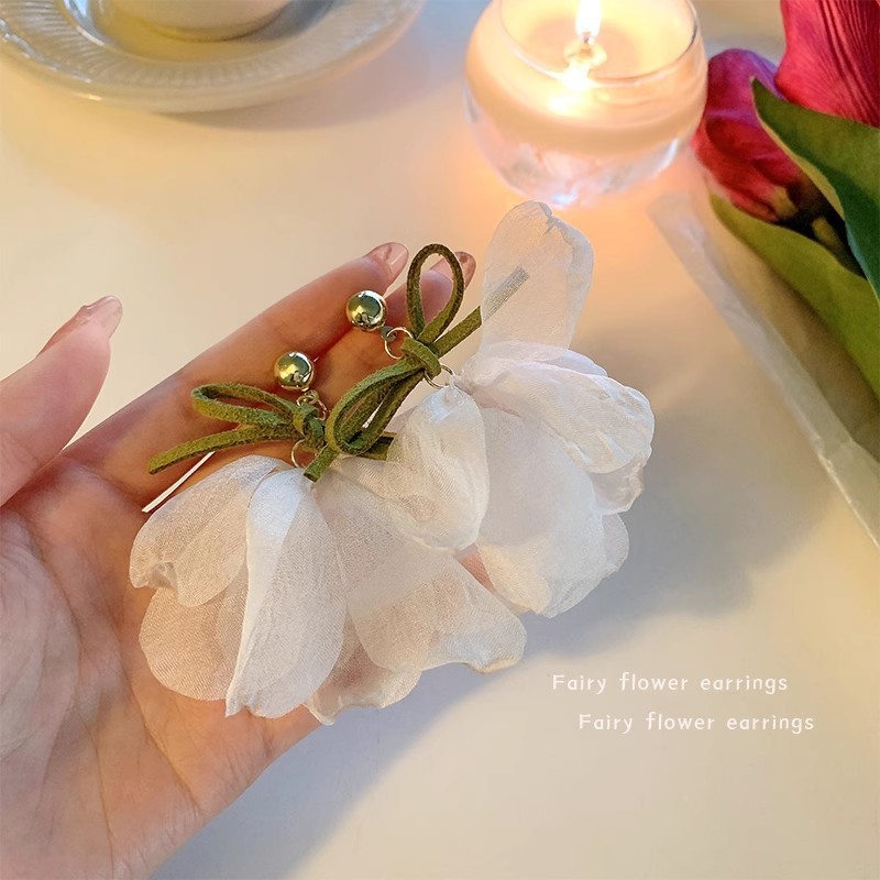 White chiffon flower earrings
