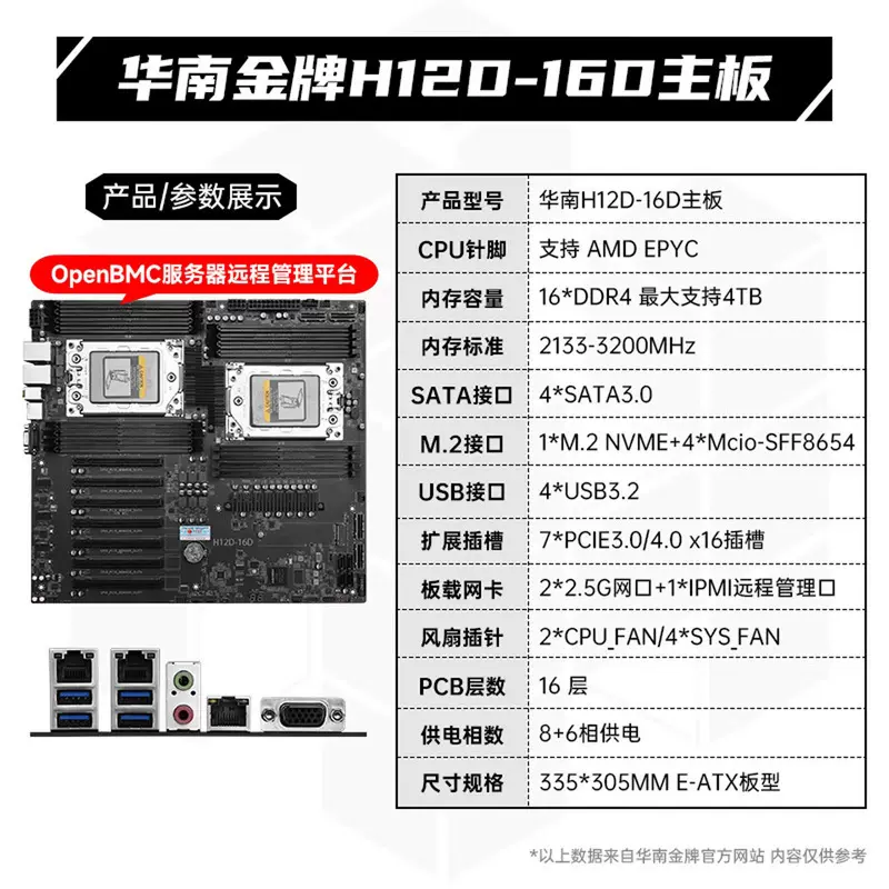 เมนบอร์ดเซิร์ฟเวอร์ AMD EPYC7002/700 แบบพอร์ตคู่ H12D-16D แบรนด์ทองคำจากจีนใต้ (รวม BMC)