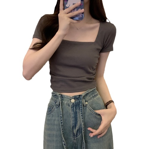 Elegant Square-Neck Short-Sleeve T-Shirt for Women, 2025 Summer: Korean-Style Pleated Design, High-Quality, Slim-Fit, Cropped Top for Students