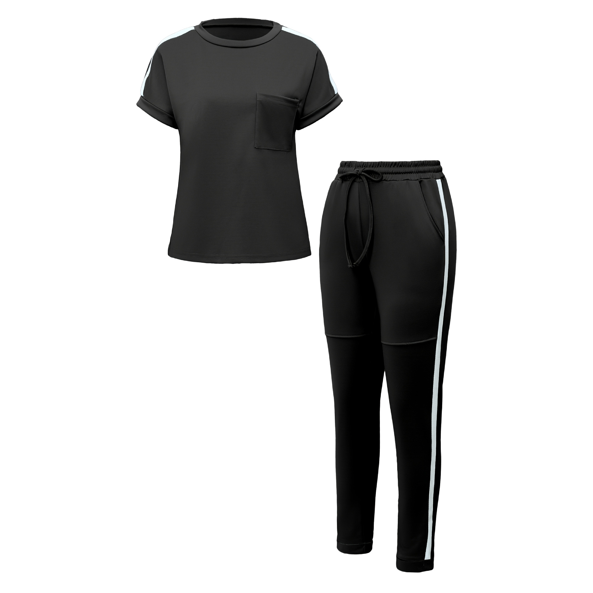 Lässiges Damen-Komfort-Set – Kurzarm-T-Shirt mit Rundhalsausschnitt und gerader Hose mit Taschen (Schwarz/Oliv/Matcha/Grau/Marineblau, S-XXL, Frühlings- und Sommer-Outfit)_voghion.com