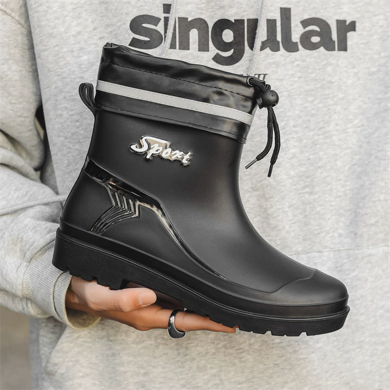 Новый стиль дождевой сапоги модная водная обувь мужская стройка износостойкая летняя дождевая сапоги плюс бархат из говяжьего сухожилия, износостойкая резиновая обувь для мужчин оптом