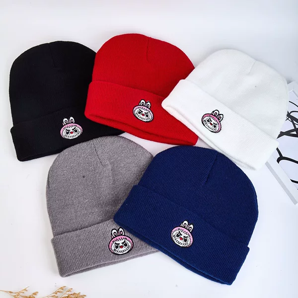 Knitted Hat Cartoon Style Trendy Student Blue Black Woolen Hat Embroidered Autumn and Winter Unisex Warm Hat