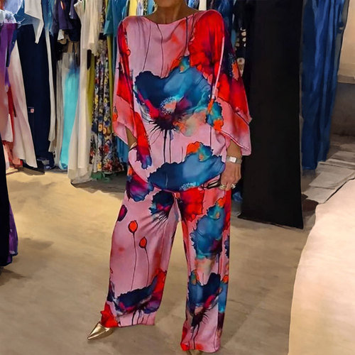 Independent station Spring European and American women's clothing temperament elegant floral bat sleeve wide-leg pants fashion set 661