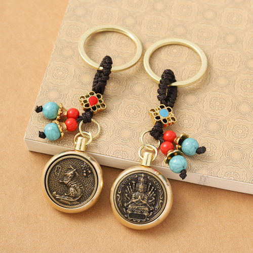 Twelve zodiac patron saint rotating keychain brass key pendant handle piece street stall travel manufacturer direct sale