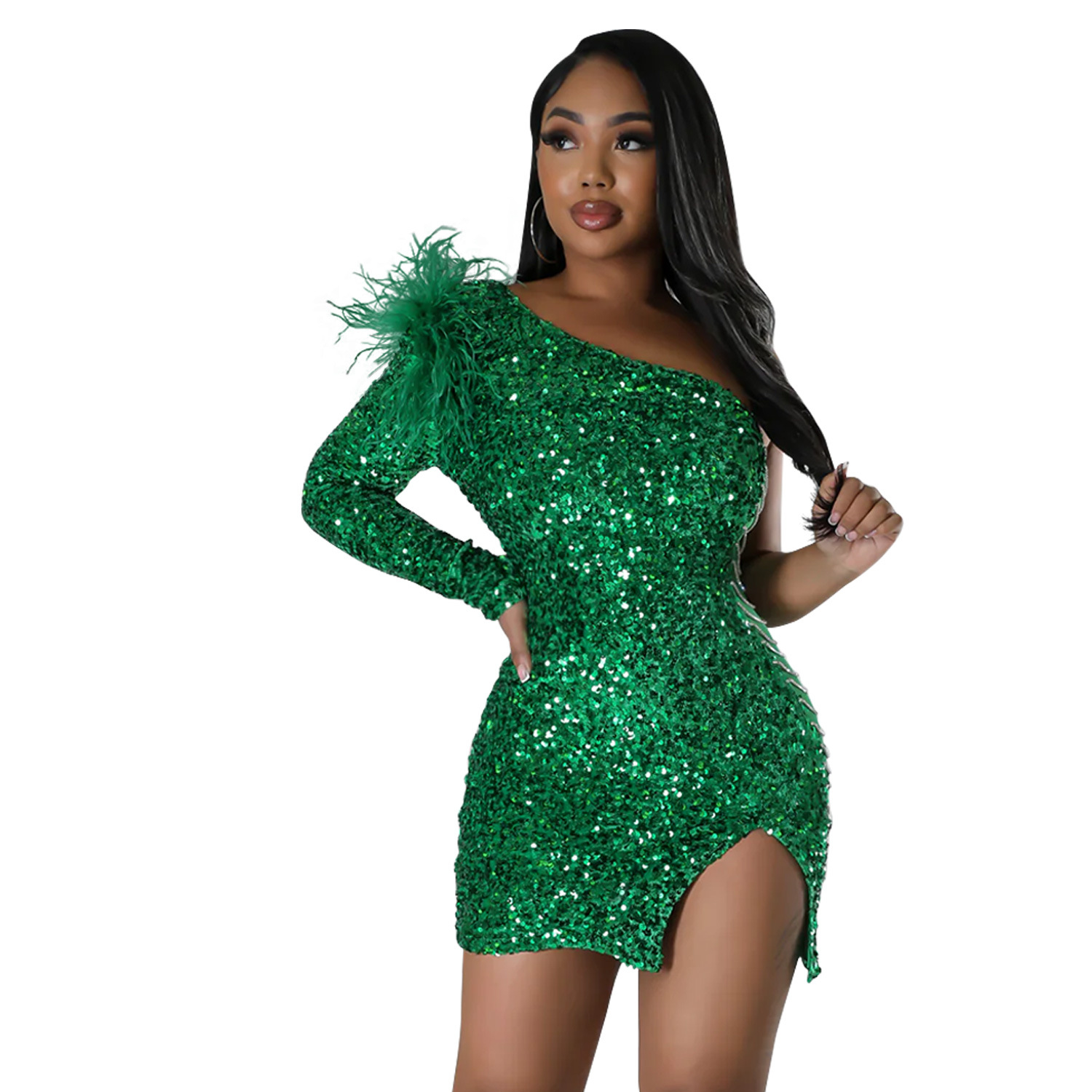 C6719 transfronterizo AliExpress Amazon moda europea y americana de las mujeres sexy de un solo hombro con lentejuelas vestido de cadera dividida image 7