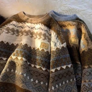Retro Round neck sweater men's autumn Hong Kong style loose casual sweater trendy brand trendy youth all-match sweater