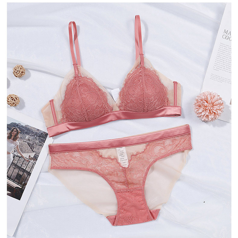 New style comfortable eyelash lace bra without wire bra set sexy French triangle cup thin bra wholesale