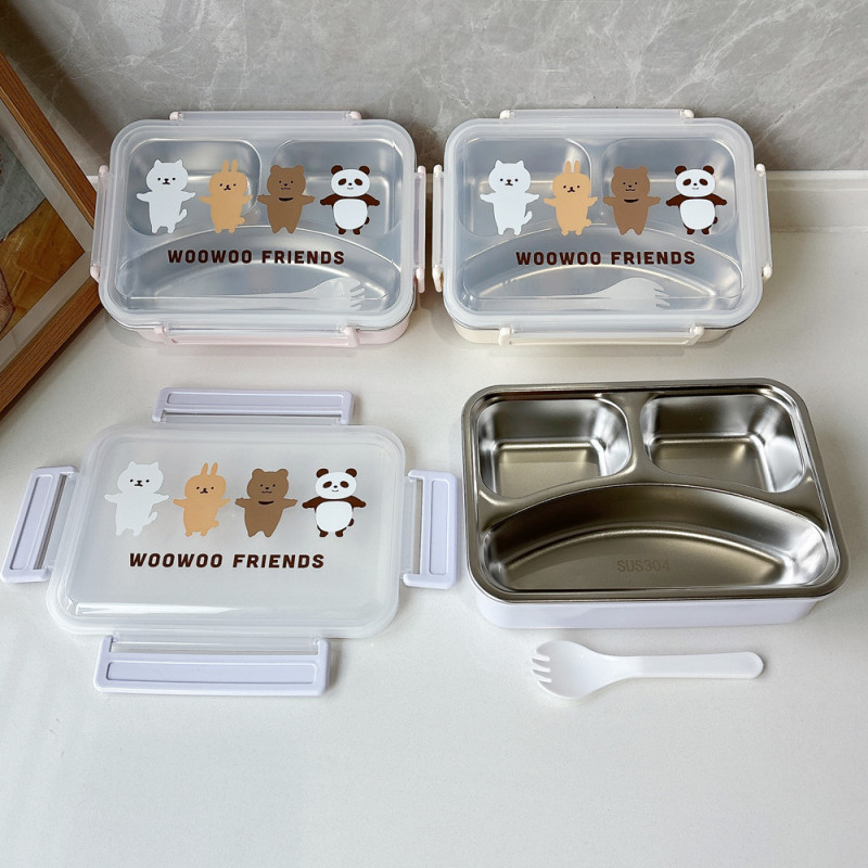 日系卡通304不锈钢饭盒保温加热便当盒饭菜分离带餐具午餐盒批发|undefined