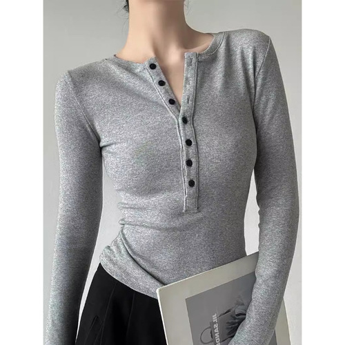 Hot girl sexy half-open collar long-sleeved right shoulder tight top women's autumn and winter figure-showing bottoming shirt slim T-shirt