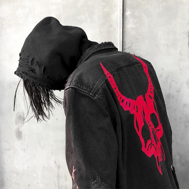 Große koreanische lockere Jeansjacke für Frühling und Herbst, Totenkopf-Oberteil der Herrenmodemarke_voghion.com