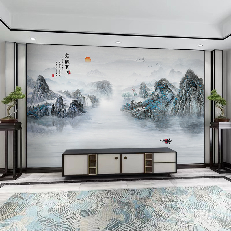 千里江山图电视背景墙壁布客厅新款中式壁纸3d立体壁画影视墙|undefined