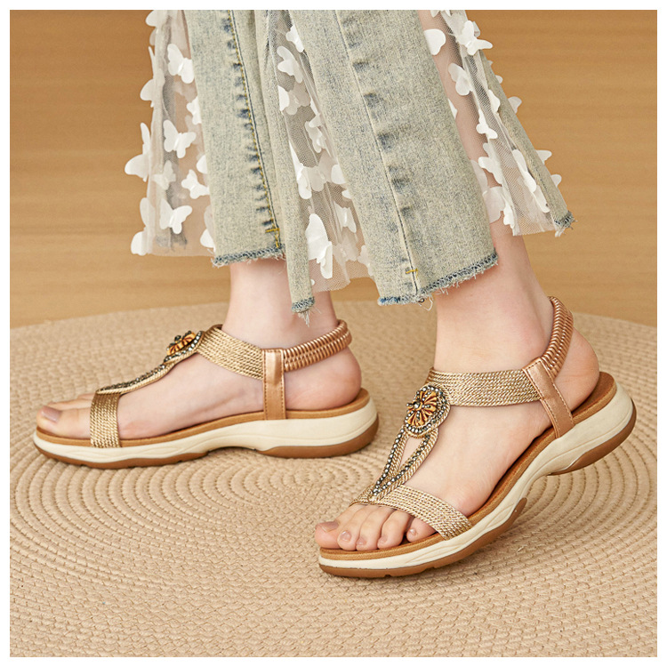 Sandal nữ đế mềm chống trượt phong cách Bohemian đính đá — Champagne màu, màu đen, màu vàng chi tiết 8