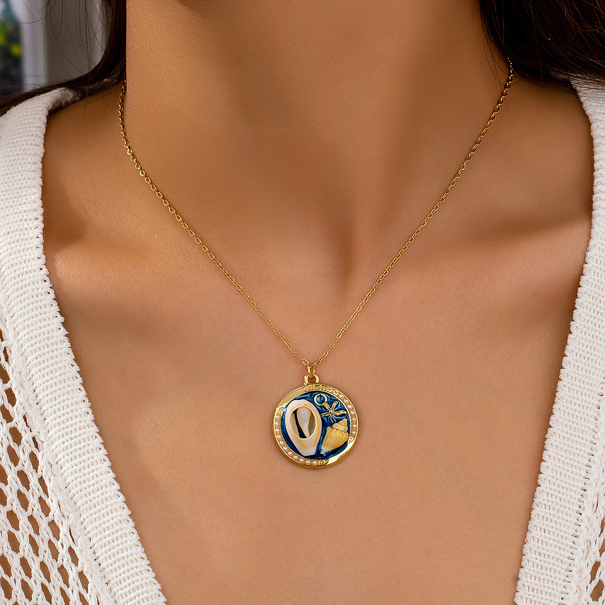 Zinc Alloy Pendant Material Elegant Beach Coconut Tree Starfish Shell Alloy Cable Chain Lobster Trigger Clasp Closure Pendant Necklaces Wholesale