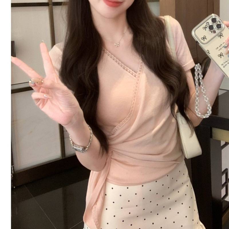 Exquisite Fashion Lace Cross V Neck Knitwear Women's Short-Sleeved 2025 Summer New Design Niche Top Ins