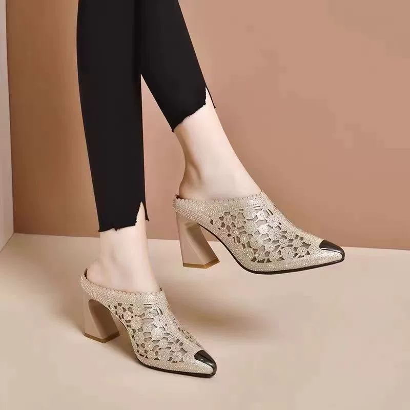 Баотоу половинные тапочки женский летний 2024 новый сетчатый стразы остроконечные каблуки сетчатый красный высокий каблук носить холодные тапочки