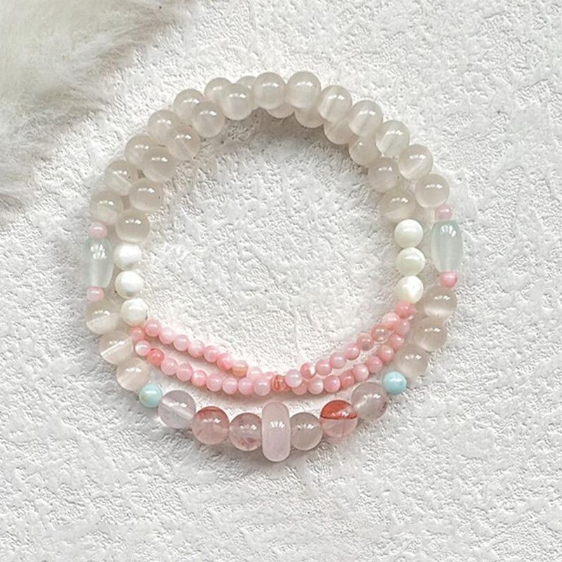 "Peach Blossom Reflecting Water" New Chinese Style Rose Quartz Shell Beads Double Circle Bracelet Exquisite Temperament Gentle Red Glue Flower Beaded Bracelet