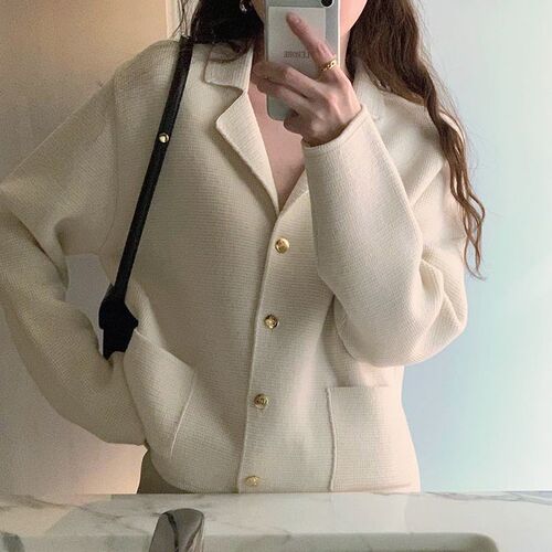 South Korea autumn simple suit collar, single-breasted loose pockets, small long-sleeved sweater