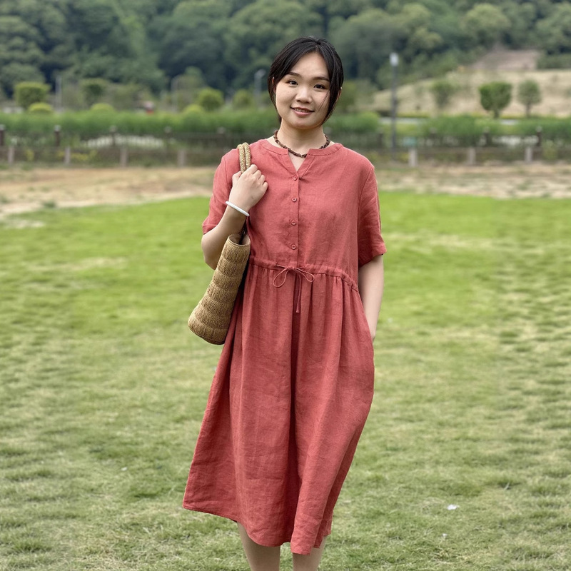 [Rouge] 100% Hemp Spring New Loose Dress, Simple, Slimming and Fashionable