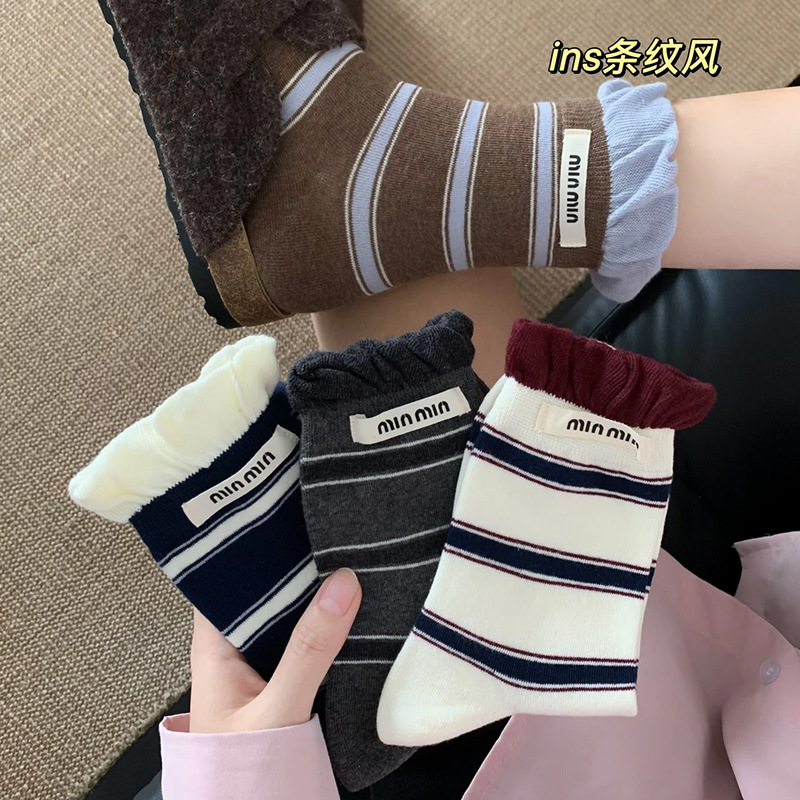 socks women‘s lace bubble mouth striped mid-calf length socks autumn and winter ins tide cloth label letters seamless cotton bunching socks