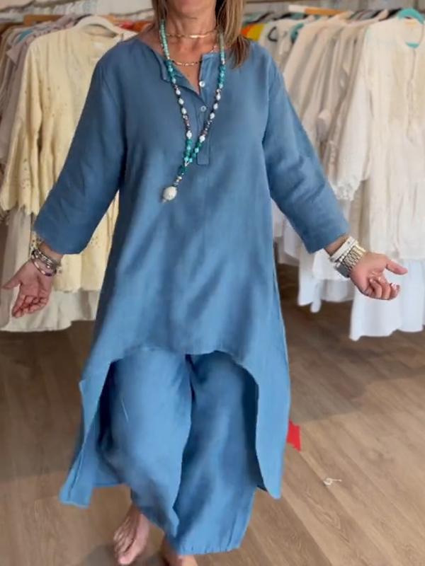 Sommer Neues Produkt Schneller Verkauf Einfarbiges Lässiges Langarm-Set aus Baumwolle und Lazy Style für Damen_voghion.com