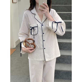 跨境专供外贸女士新品韩系条纹条蝴蝶结系带家居服睡衣套装长袖女
