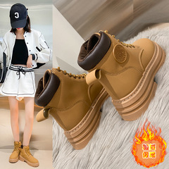 2022 Winter New Thick-Heeled Couple's Martens Boots with Fleece, British Style Short Boots, Fashionable and Versatile Yellow Boots B806