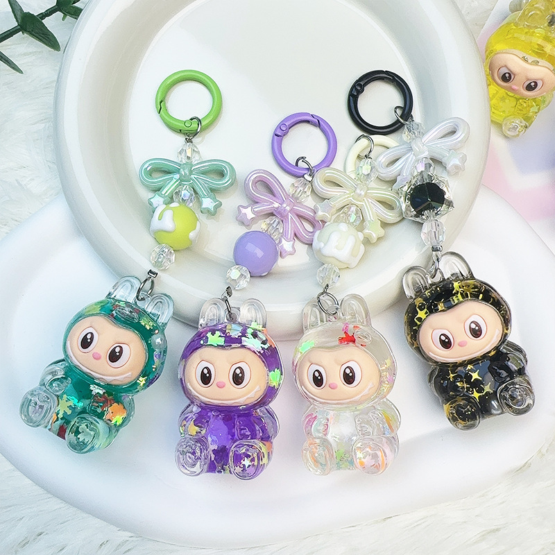 Colorful Beads Sparkling Luminous Labubu Creative Keychain Oil Doll School Bag Quicksand Small Pendant Gift Ornaments