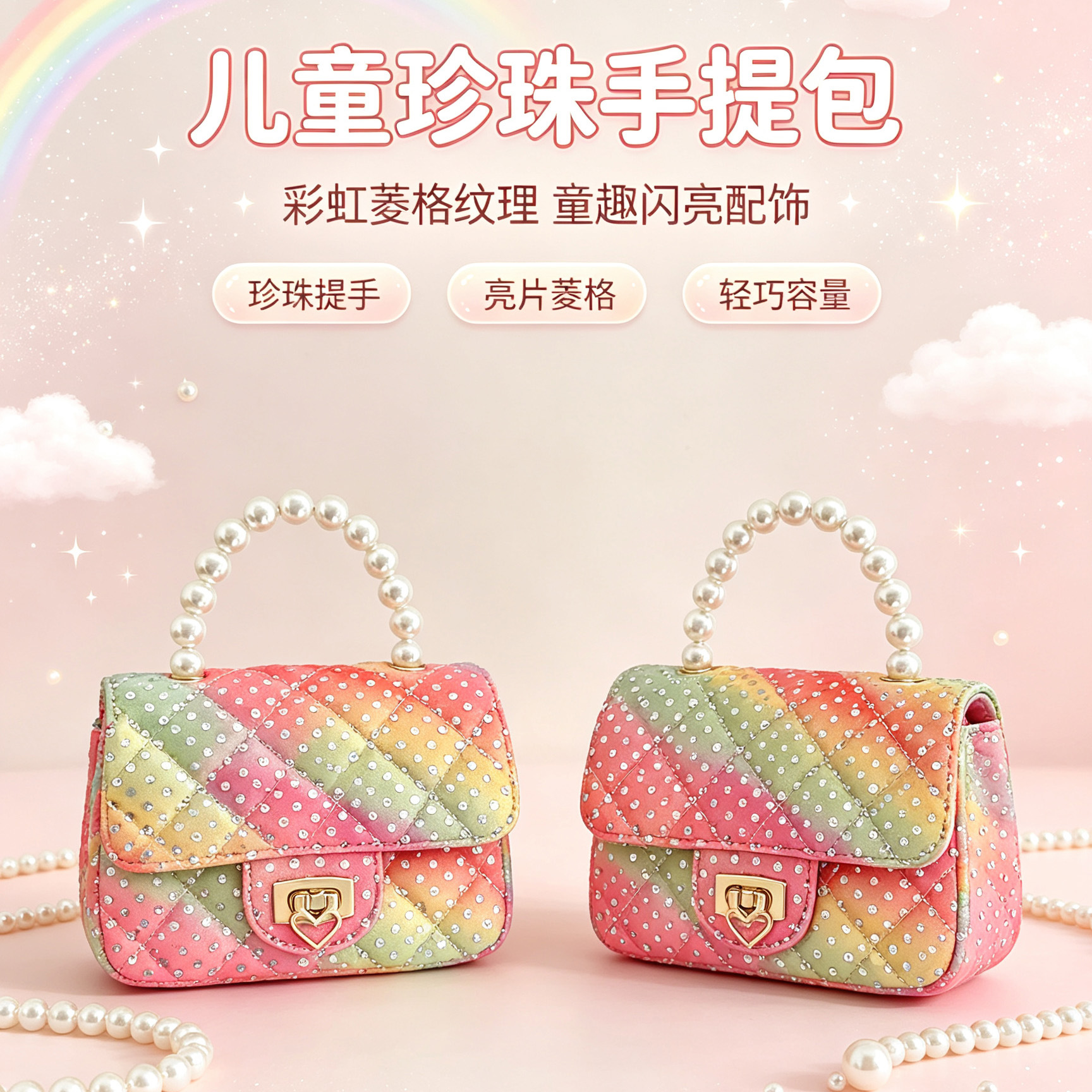 Pearl Handbag for Children, New Rainbow Candy Color Mini Bag for Girls, Sweet and Cute Crossbody Chain Bag