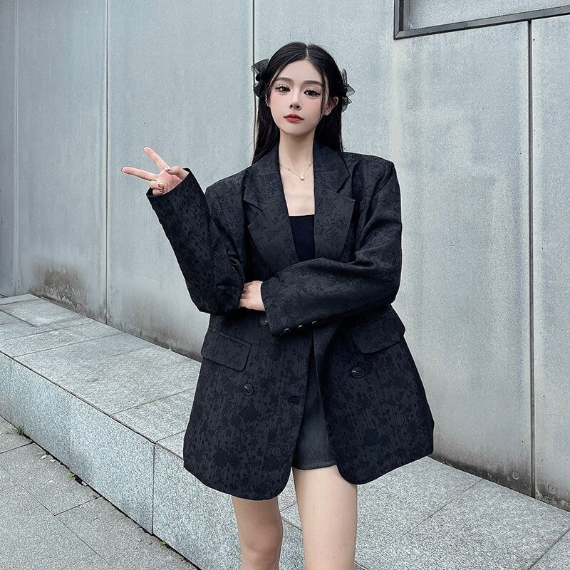 High-end jacquard black blazer for women, new autumn and winter design, stylish and elegant, double-breasted loose-fitting suit jacket for spring High-end jacquard black blazer for women, new autumn and winter design, stylish and elegant, double-breasted loose-fitting suit jacket for spring