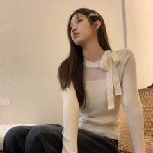 辣妹性感绑带蝴蝶结长袖针织T恤秋季纯欲修身显瘦内搭打底衫上衣