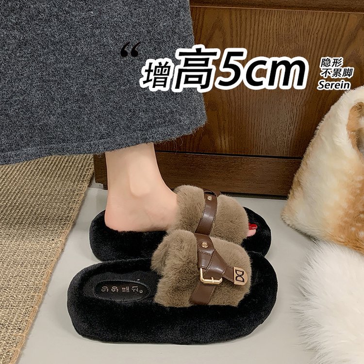 5cm thick-soled fur slippers with buckle for women, suitable for outdoor wear in autumn and winter, designed for petite women to add height without tiring their feet, plush one-strap cotton slippers