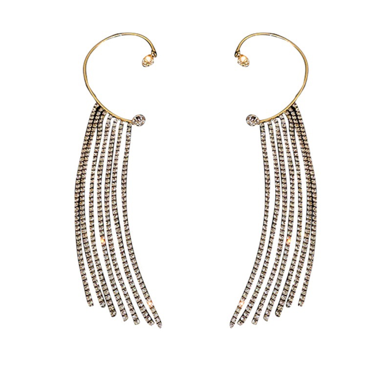 European and American Diamond-Encrusted Long Chain Tassel Ear Hook Ear Clip Trendyy Single Ins Cold Style Non-Pierced Ear Bone Clip Ear