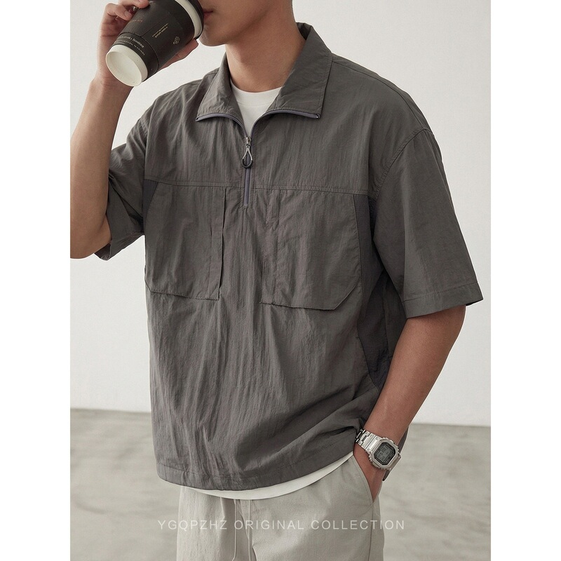 Mountain-style camp lightweight ice-cool half-zip workwear short-sleeve shirt for men, 2026 new loose-fit shirt