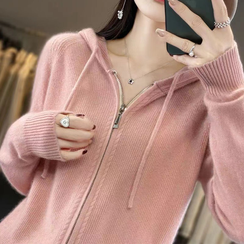 New Hooded Wool Cardigan Women's Loose Sweater Zipper Wool Knitted Casual Coat Top Trendy Sweater