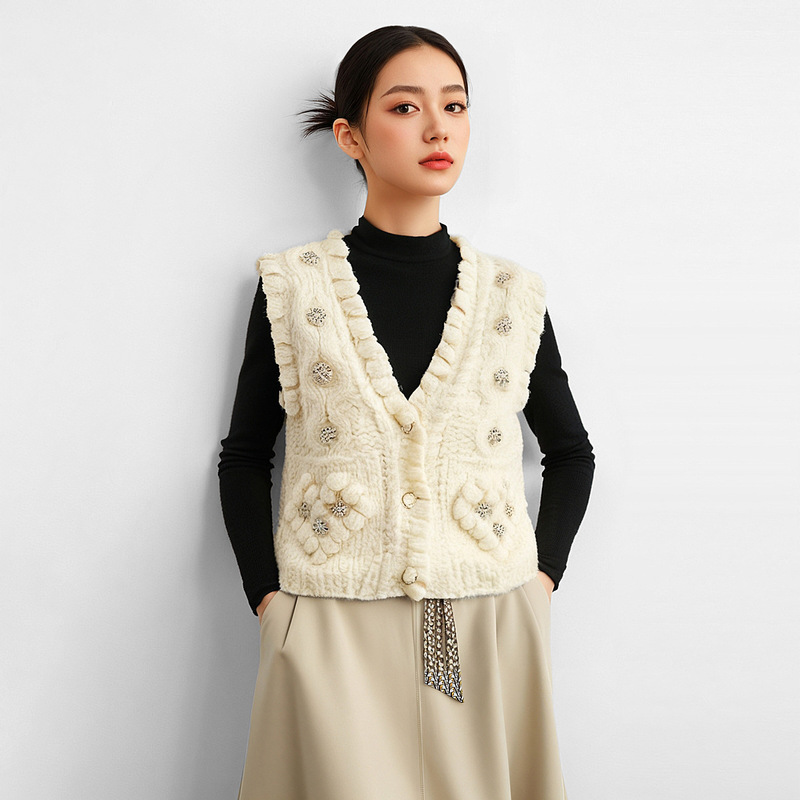 Cross-Border Women's Clothing New Style Hand-Knitted Cardigan Sweater Loose Vest with Sequin Embroidery European and American Style