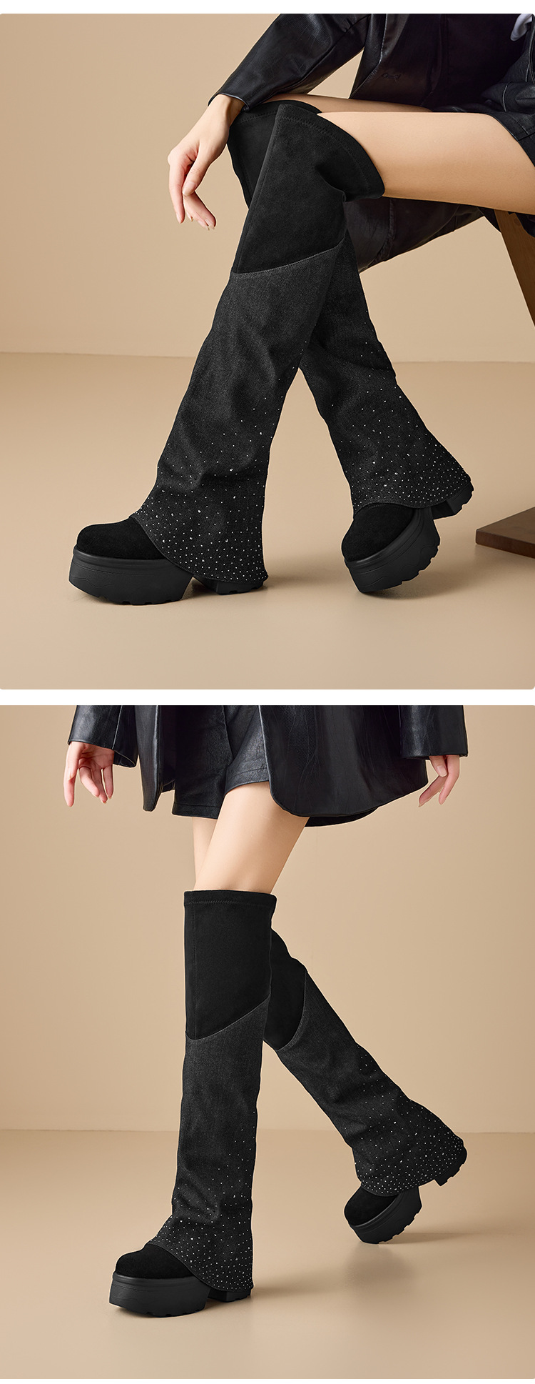 Boot nữ cổ cao ôm bắp chân gót dày mũi tròn đính đá denim đa năng — nhung đen chi tiết 3