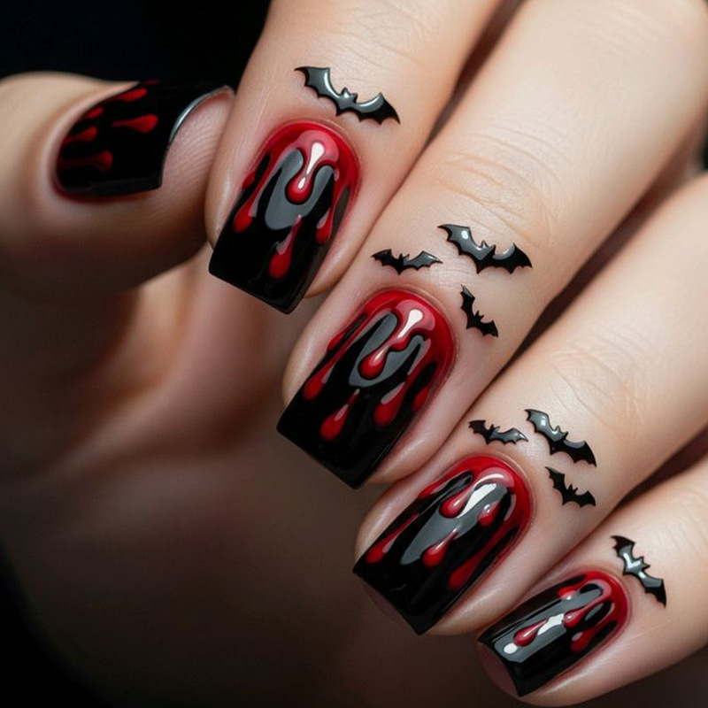 Halloween Nails Medium Square Dark Style Embossed Bloodstains Reusable Fake Nails Manicure Stickers Halloween Nails Medium Square Dark Style Embossed Bloodstains Reusable Fake Nails Manicure Stickers