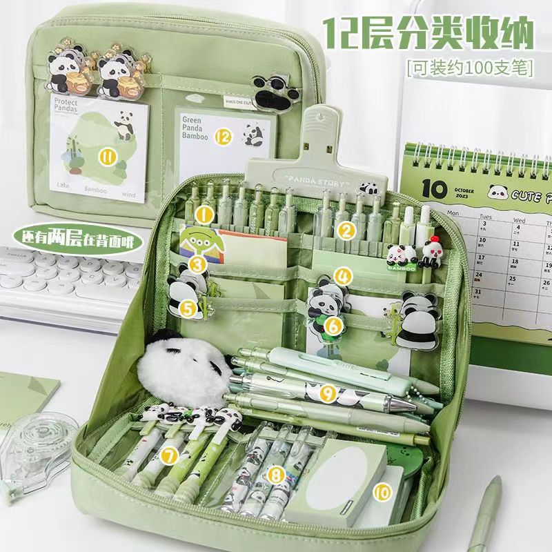 Estuche para lápices panda de gran capacidad de 12 capas, caja de papelería de estilo simple de alto valor, bolsa de papelería de resumen de clasificación de sentido avanzado para estudiantes