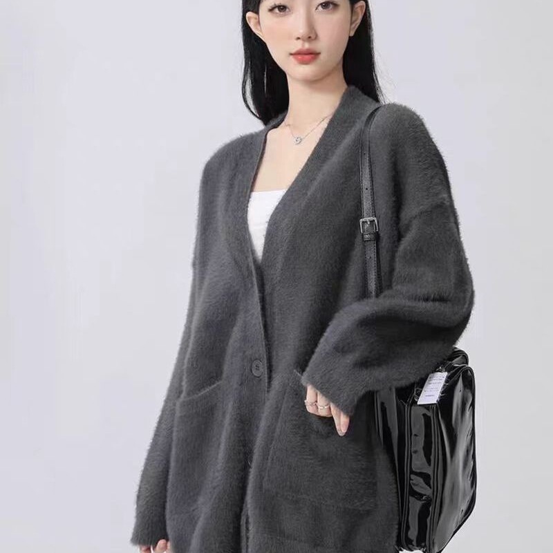Lazy Style Fluffy Solid Color Spring and Autumn Loose Coat Faux Mink Cardigan for Women Mid-Length Ins-Style Lazy Style Fluffy Solid Color Spring and Autumn Loose Coat Faux Mink Cardigan for Women Mid-Length Ins-Style